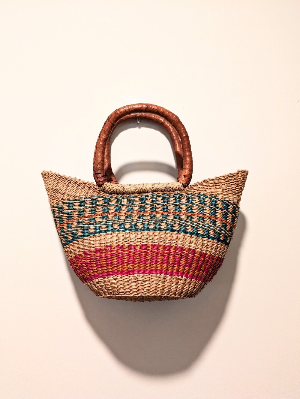 Hand Crafted African Straw Euro Summer Cottage Coastal Leather Handle Tote Bag